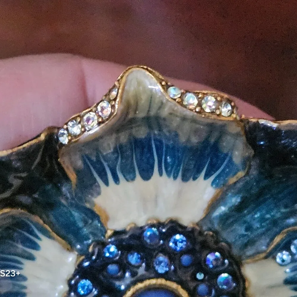 HANDSIGNED RARE JAY STRONGWATER BLUE FLOWER ENAMEL CRYSTAL JEWELRY TRAY DISH